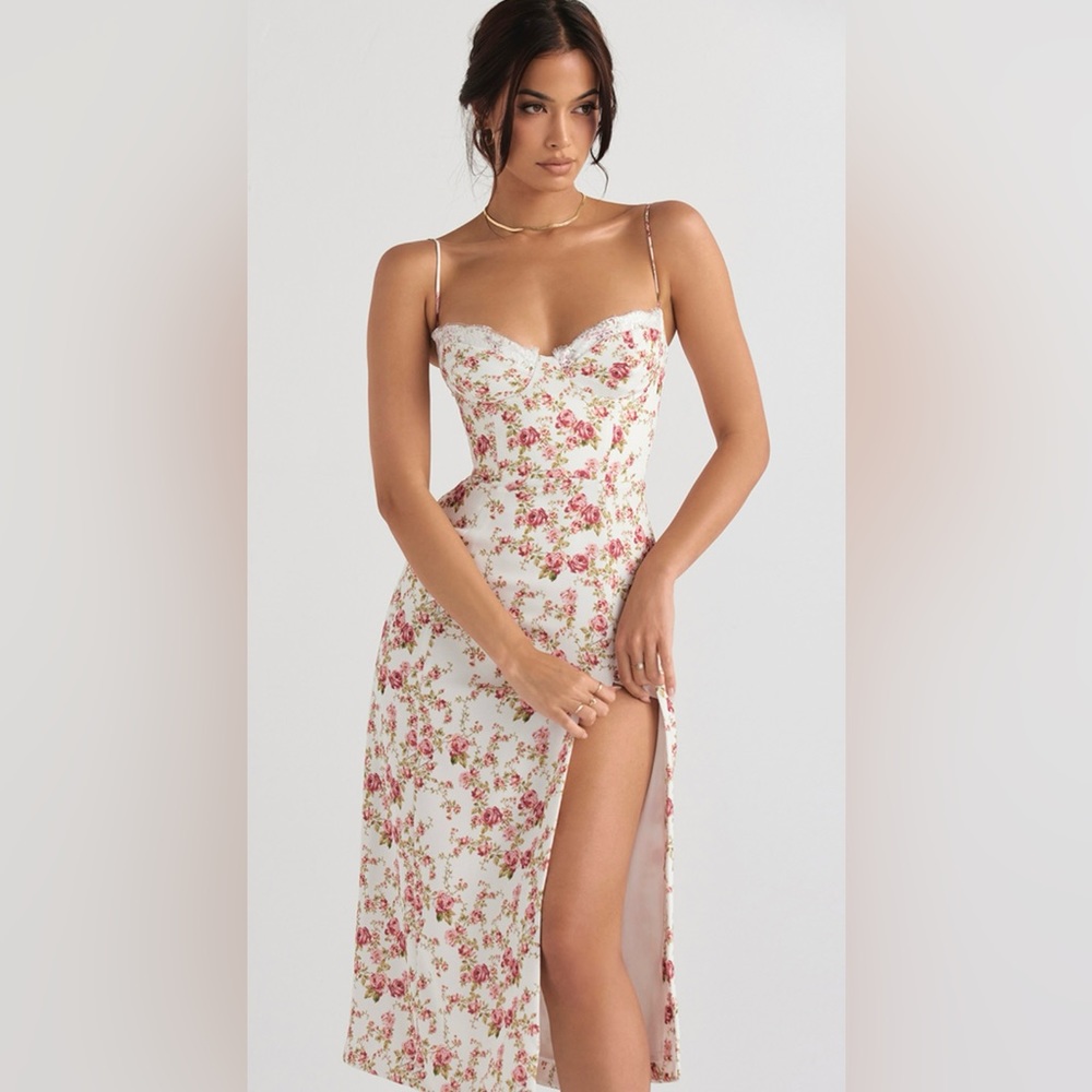 House of CB Charlotte Rose Print Corset Midi Dress, NWT, Size Small